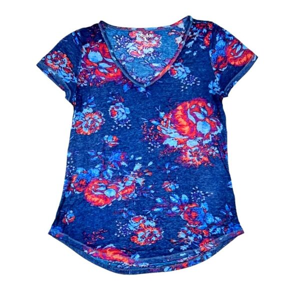 Mudd Blue Floral Design Short Sleeve Top | Size M - Picture 1 of 4